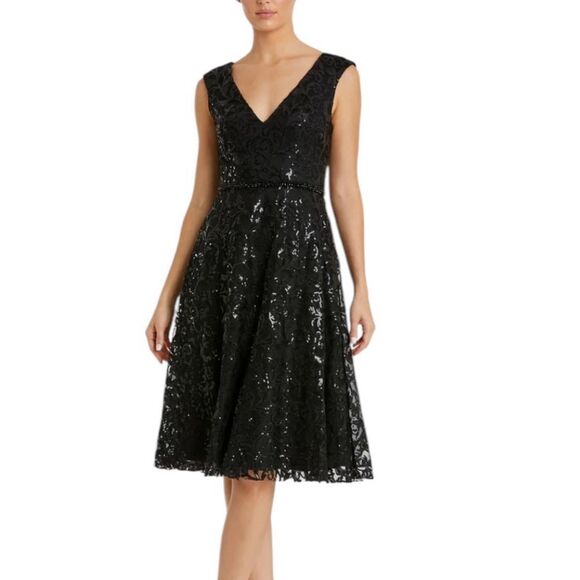 Mac Duggal 68012 Black Sequin Cap Sleeve Midi Cocktail Dress | Size 6 - Picture 13 of 13